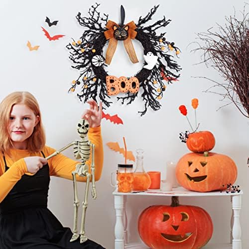 Adeeing 18 Inch Halloween Wreath with Black Cat and Boo Sign