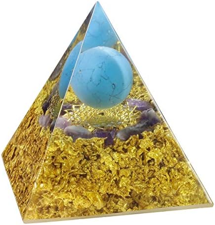 Blue Howlite Turquoise Orgone Pyramid with Amethyst Stones and Crown Chakra Symbol