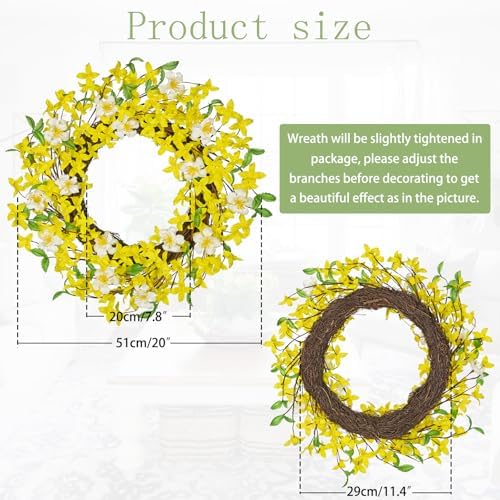 DILATATA 20 Inch Artificial Forsythia Wreath with Daisy