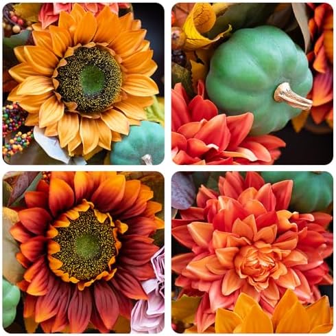 24 Inch Autumn Front Door Wreath with Pumpkins and Fall Leaves