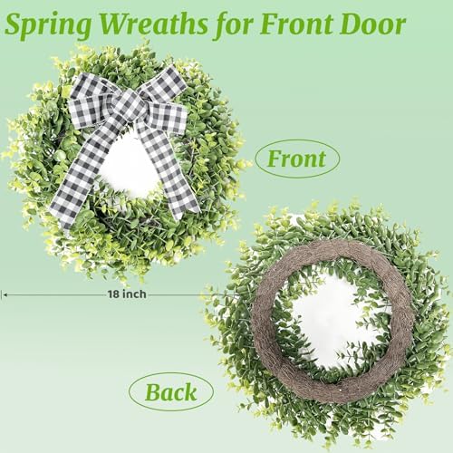 Artificial Green Boxwood Wreath with Buffalo Plaid Bow and LED Lights