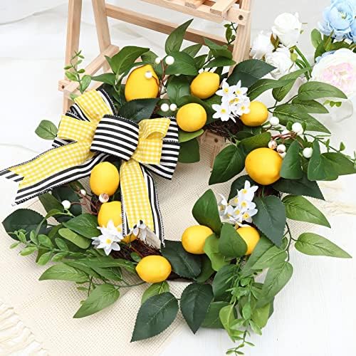 20 Inch Spring Summer Lemon Wreath with Daisy Bow and Eucalyptus