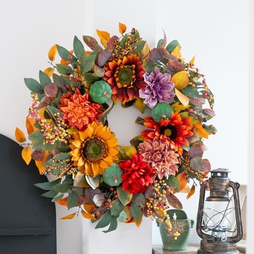24 Inch Autumn Front Door Wreath with Pumpkins and Fall Leaves