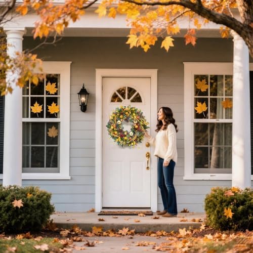 Fall Wreath 24 Inch with Yellow White Pumpkins Red Berries Eucalyptus Leaves Pinecones