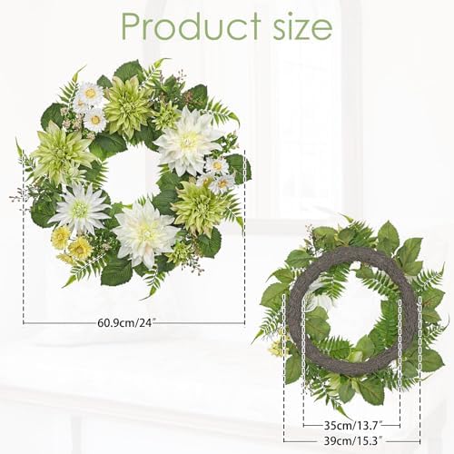 Briful 24 Inch Artificial Dahlia Wreath for Front Door