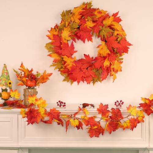26 Inch Foldable Fall Wreath with Lights and Timer
