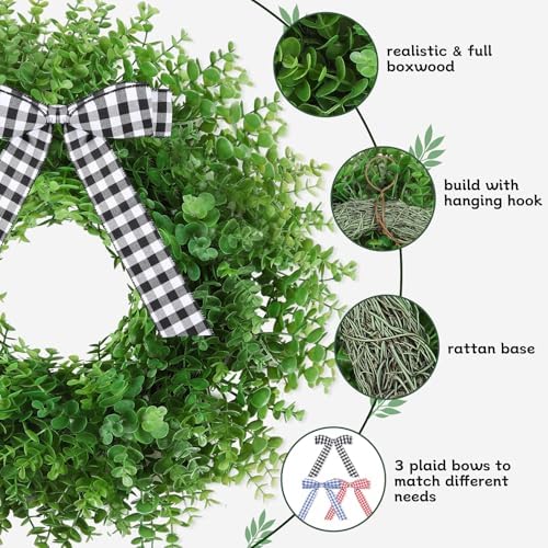 Artificial Boxwood Wreath with 3 Plaid Bows 24 Inch