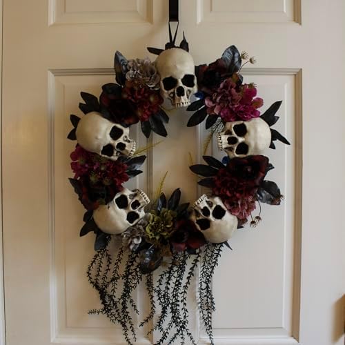 Haunted Hill Farm 24-Inch Halloween Wreath with Skulls and Vines