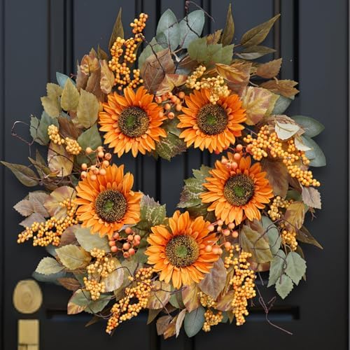 Autumn Door Wreath with Sunflowers and Leaves