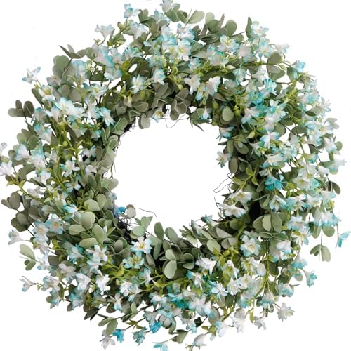 Summer 24-inch Blue Flower Wreath Front Door Decor