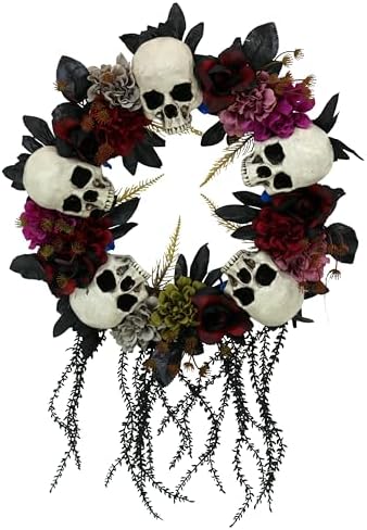 Haunted Hill Farm 24-Inch Halloween Wreath with Skulls and Vines