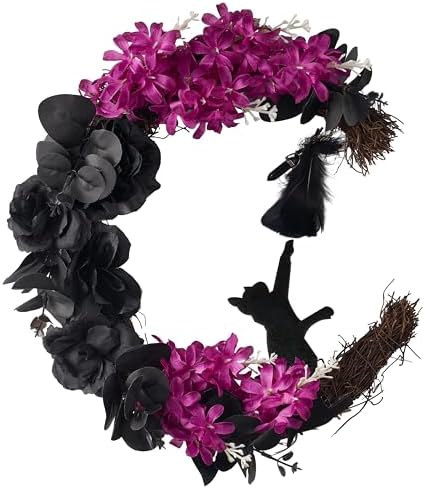JOYIN Halloween Wreath Black Cat Moon Grapevine Decor