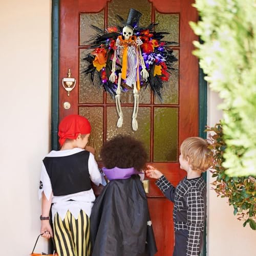 Gothic Skeleton Wreath with Lights 28 Inch Halloween Decor