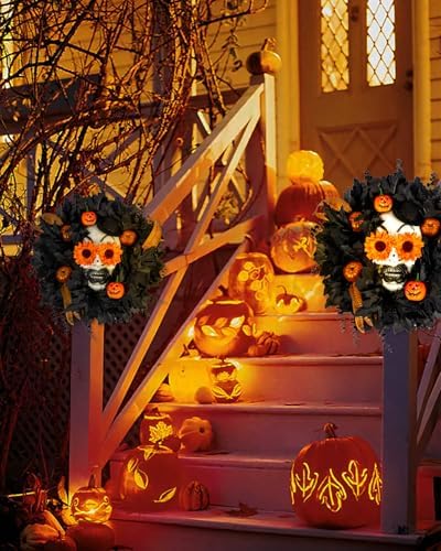 Halloween Wreath with Skull 20 Inch Black Maple Leaves Decor