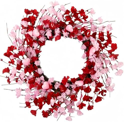 20 Inch Valentine Wreath with Red Berries and Pink Heart Flowers