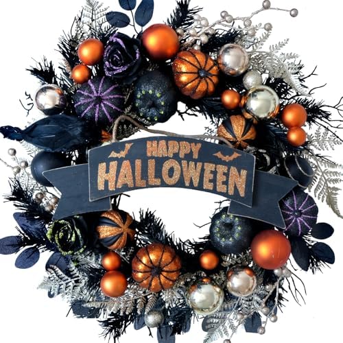 Halloween Glitter Pumpkin Wreath with Balls Berries and Black Roses
