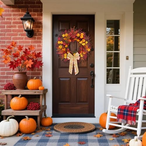 CYANBLOOM 24 Inch Fall Wreath with Maple Bow