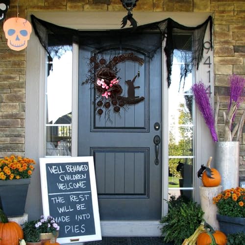 Spooky Halloween Wreath with Black Cat and Lights