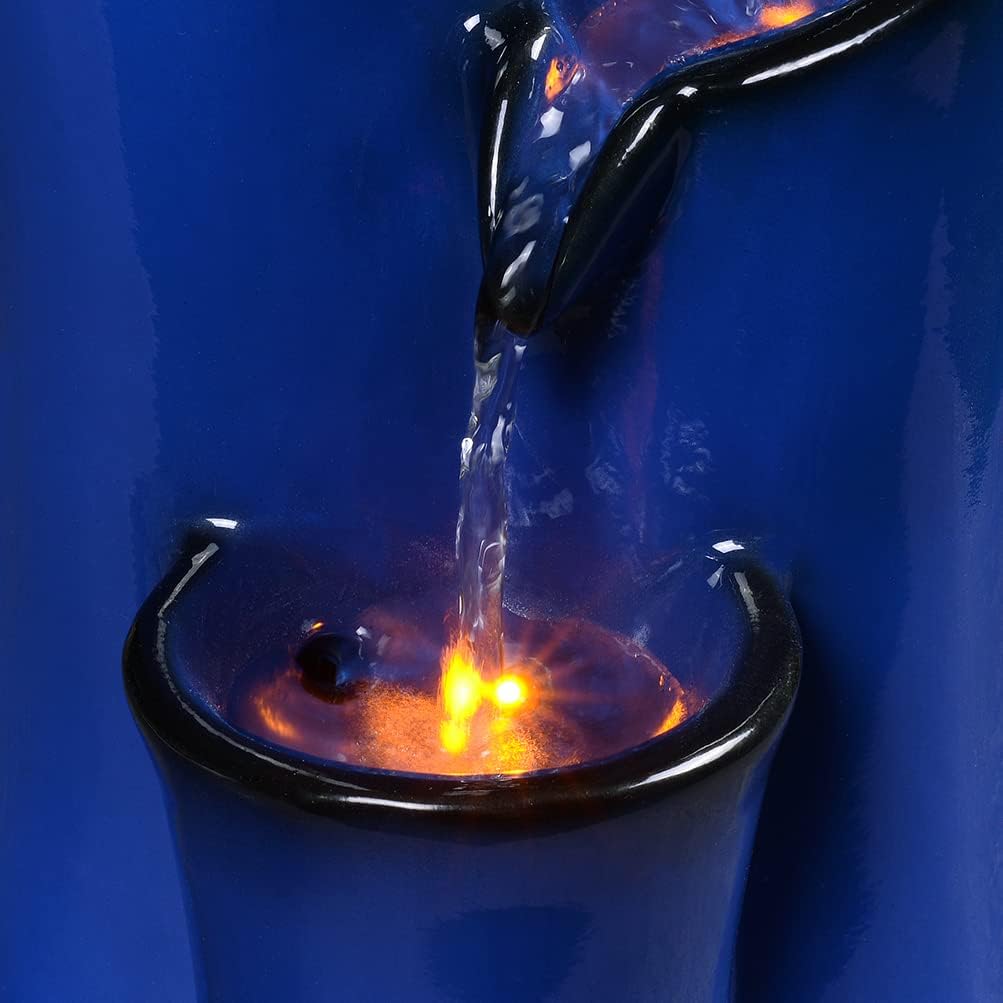 GOSSI Imitation Ceramic Tabletop Fountain with 3 Reflective LEDs 98 Inch Tall Blue