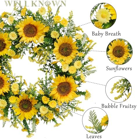 21 Inch Yellow Silk Sunflower Wreath for Front Door