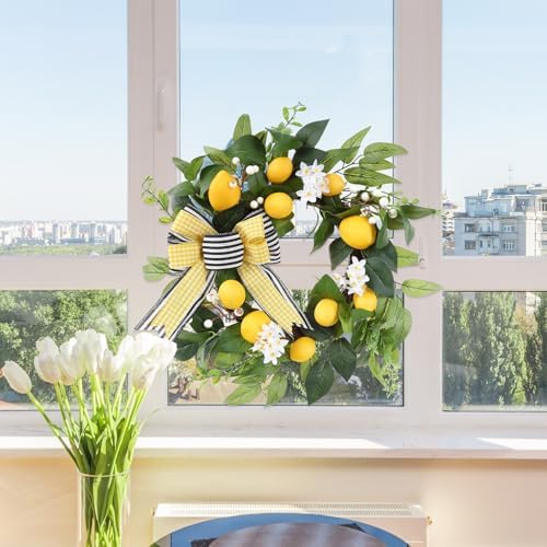 20 Inch Spring Summer Lemon Wreath with Daisy Bow and Eucalyptus
