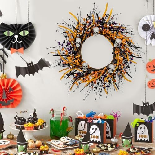 Spooky Halloween Wreath with Skulls and Berries