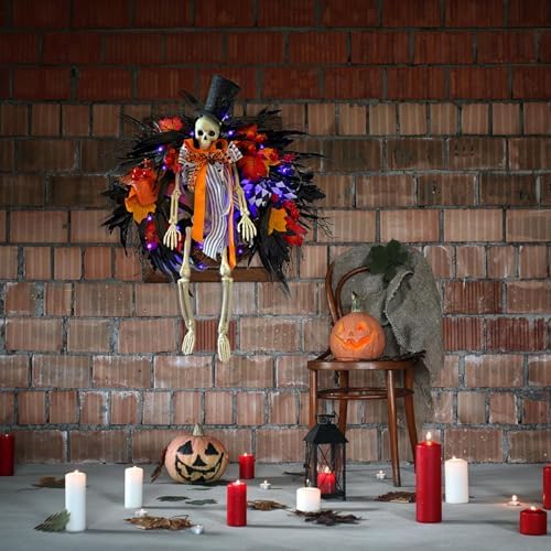Gothic Skeleton Wreath with Lights 28 Inch Halloween Decor