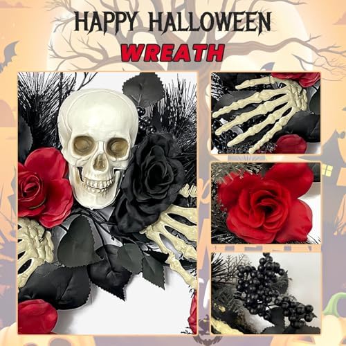 Gothic Halloween Skull Wreath with Hands and Roses