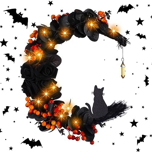 Ceenna Halloween Moon Wreath with Black Roses and Orange Berries