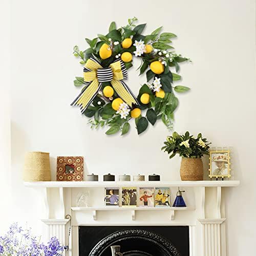20 Inch Spring Summer Lemon Wreath with Daisy Bow and Eucalyptus