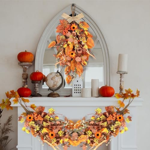 2 Pcs 24 Autumn Harvest Teardrop Wreath for Front Door