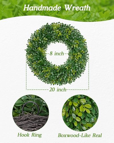 Vlorart 20 Inch Artificial Boxwood Wreath for Front Door