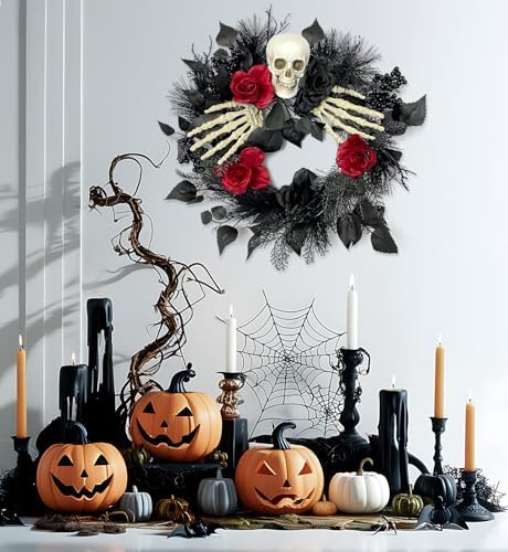 Gothic Halloween Skull Wreath with Hands and Roses