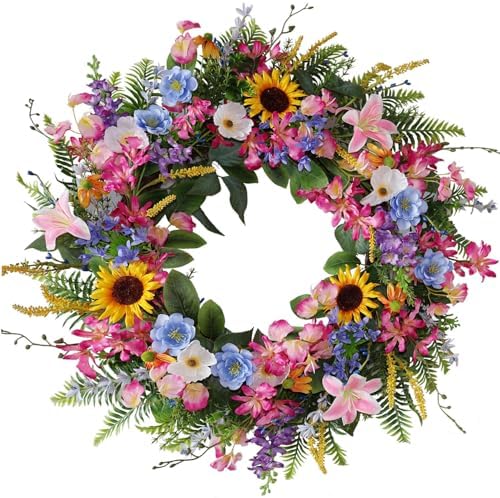 Elegant 24-26 Inch Floral Wreath with Sunflowers and Lily