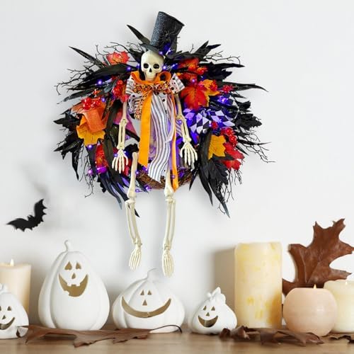 Gothic Skeleton Wreath with Lights 28 Inch Halloween Decor