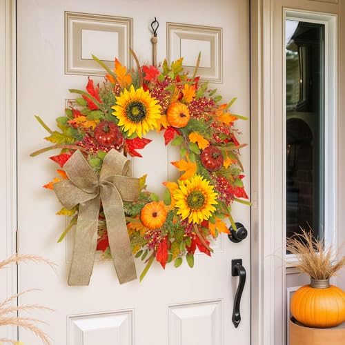 Fall Wreath with Lights and Pumpkins for Front Door