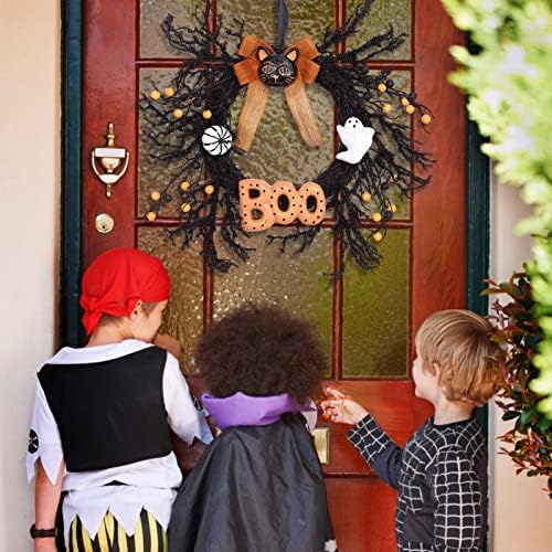 Adeeing 18 Inch Halloween Wreath with Black Cat and Boo Sign