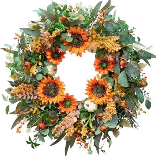 24-Inch Fall Door Wreath with Sunflowers Pumpkins Boxwood Eucalyptus Berries