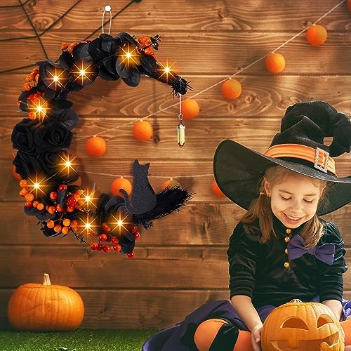 Ceenna Halloween Moon Wreath with Black Roses and Orange Berries