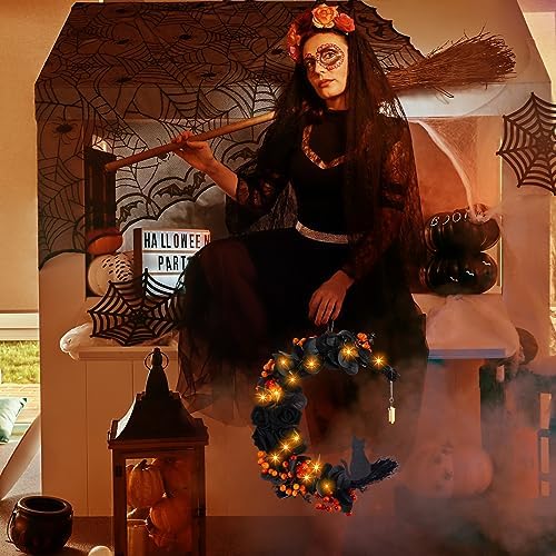 Ceenna Halloween Moon Wreath with Black Roses and Orange Berries