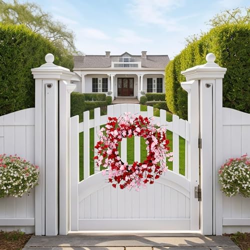 20 Inch Valentine Wreath with Red Berries and Pink Heart Flowers