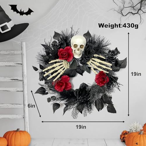 Gothic Halloween Skull Wreath with Hands and Roses