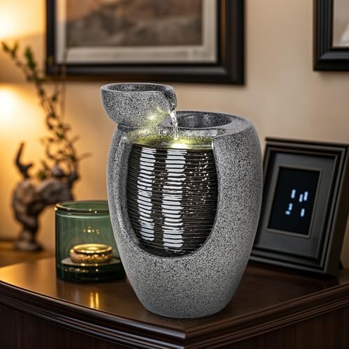 10 Inch Ceramic LED Tabletop Water Fountain with Plant Holder