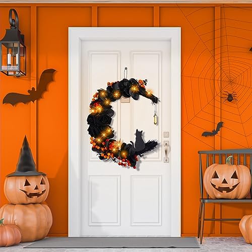 Ceenna Halloween Moon Wreath with Black Roses and Orange Berries