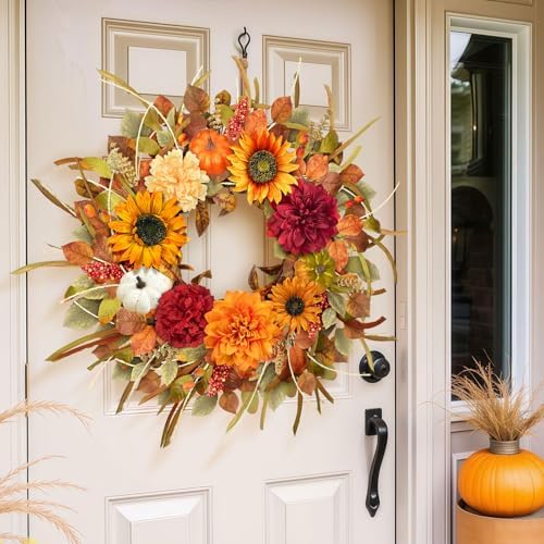 Fall Door Wreath with Sunflowers and Pumpkins