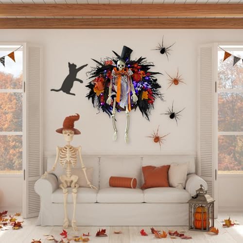 Gothic Skeleton Wreath with Lights 28 Inch Halloween Decor