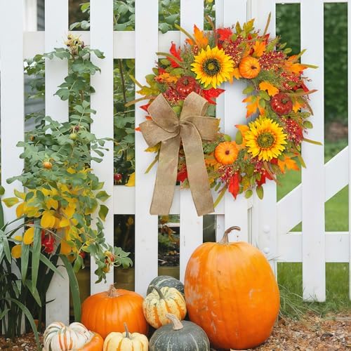 Fall Wreath with Lights and Pumpkins for Front Door