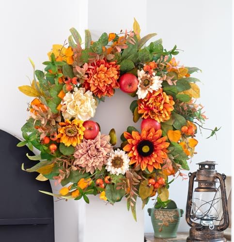 24 Inch Fall Wreath with Artificial Apples Dahlias and Sunflowers