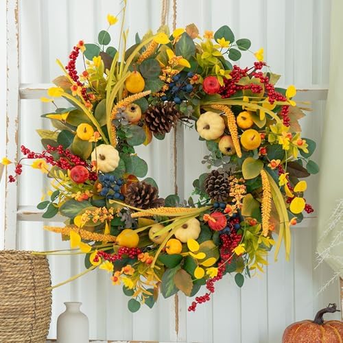 Fall Wreath 24 Inch with Yellow White Pumpkins Red Berries Eucalyptus Leaves Pinecones
