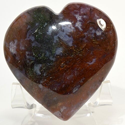 64mm Moss Agate Puffy Heart with Acrylic Stand